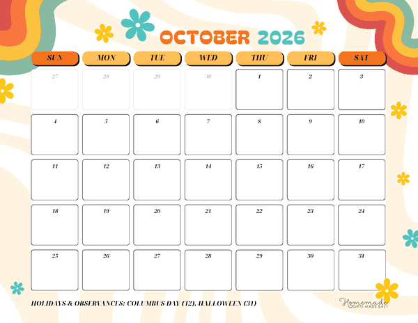 October Calendar 2026 Colorful Abstract Retro Rainbow