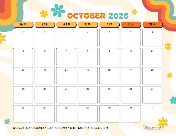 October Calendar 2026 Colorful Abstract Retro Rainbow Monday Start