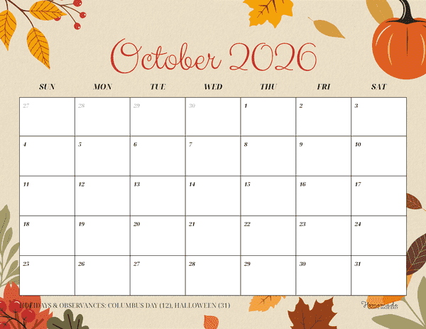 October Calendar 2026 Creative Illustrated Autumn
