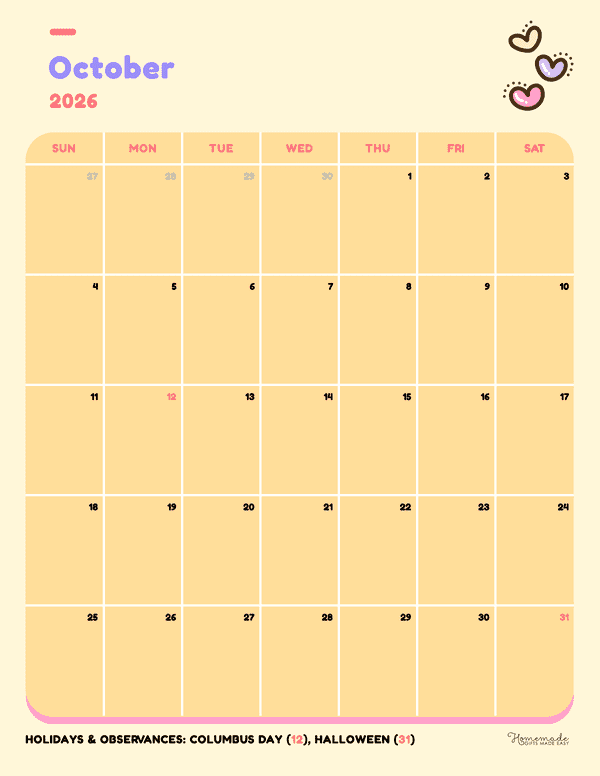 October Calendar 2026 Cute Colorful Portrait Pastel