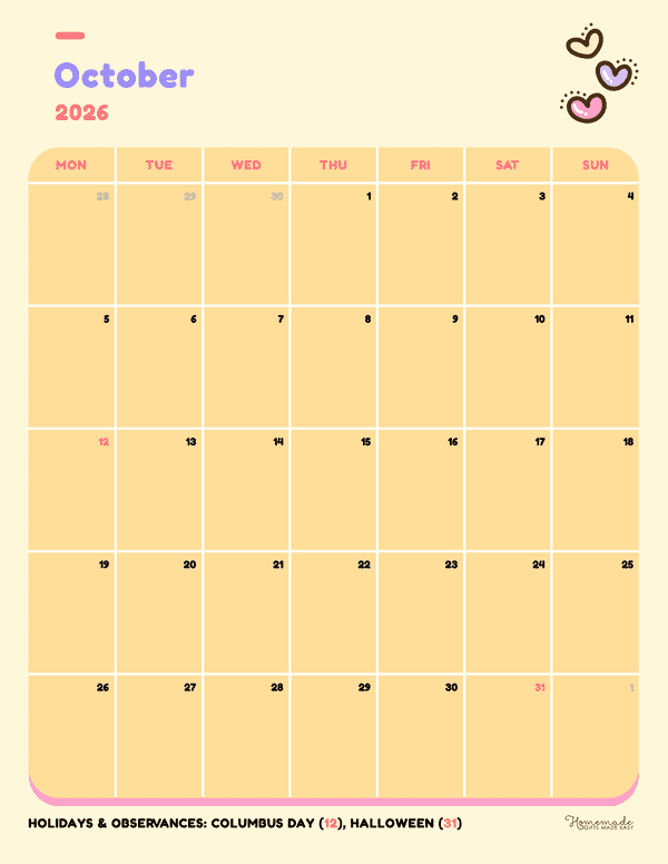 October Calendar 2026 Cute Colorful Portrait Pastel Monday Start
