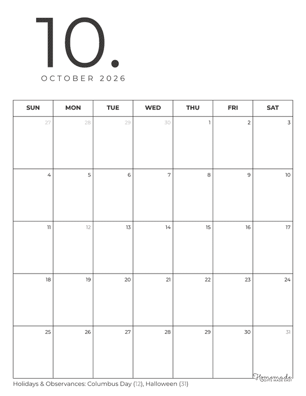 October Calendar 2026 Minimalist Portrait