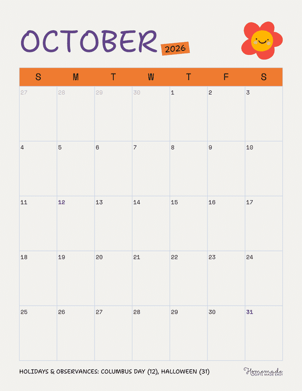 October Calendar 2026 Orange Purple Minimalist Portrait