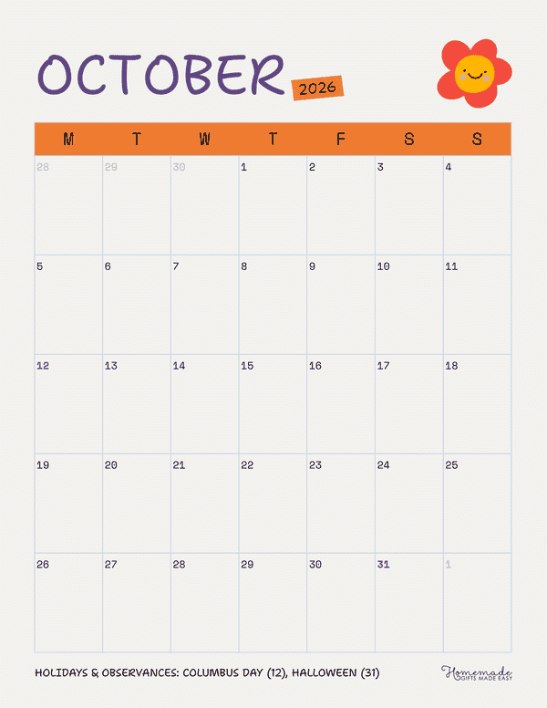October Calendar 2026 Orange Purple Minimalist Portrait Monday Start