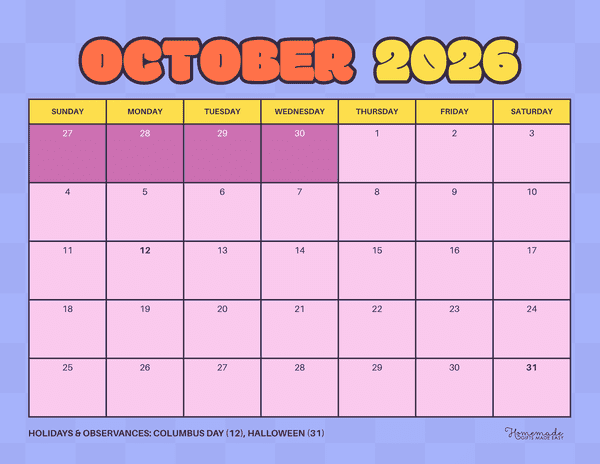 October Calendar 2026 Playful Colorful Purple
