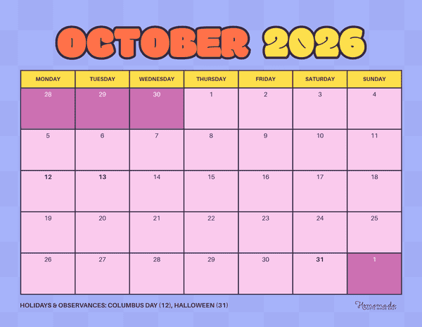 October Calendar 2026 Playful Colorful Purple Monday Start