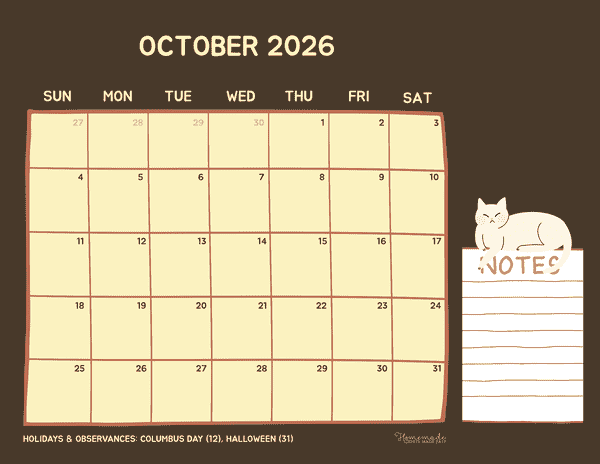 October Calendar 2026 Playful Cute Cream and Brown Doodle Cat