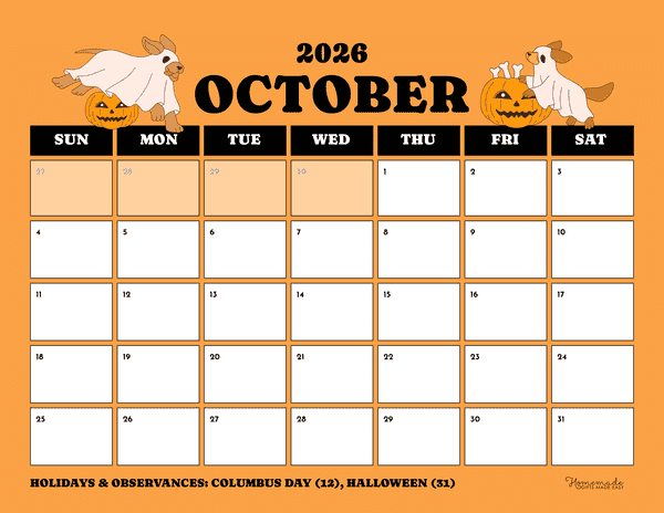 October Calendar 2026 Playful Orange Cute Dog Halloween