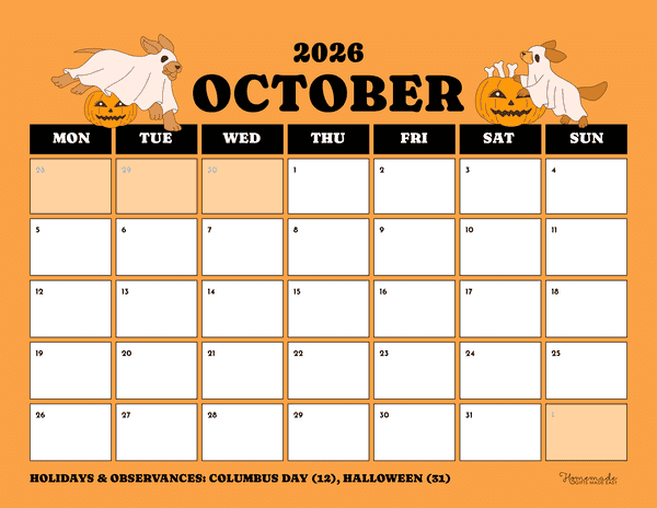 October Calendar 2026 Playful Orange Cute Dog Halloween Monday Start