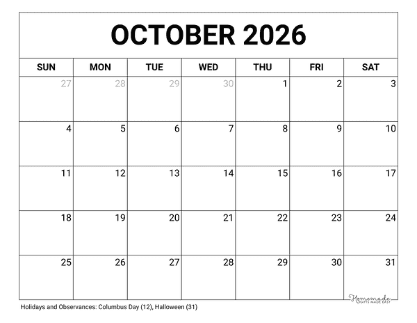 October Calendar 2026 Printable Blank
