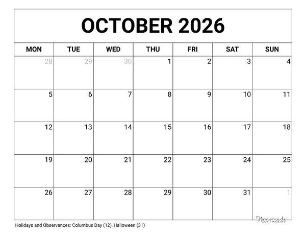 October Calendar 2026 Printable Blank Monday Start