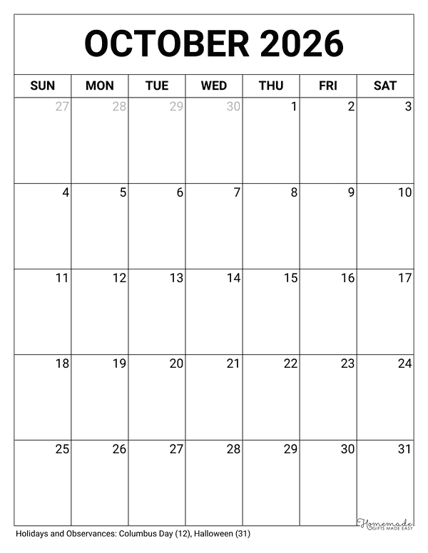October Calendar 2026 Printable Blank Portrait