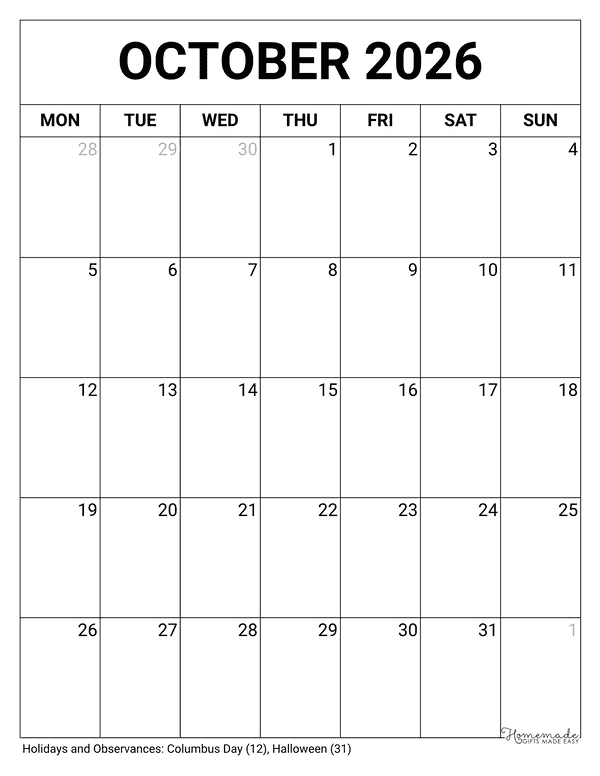 October Calendar 2026 Printable Blank Portrait Monday Start