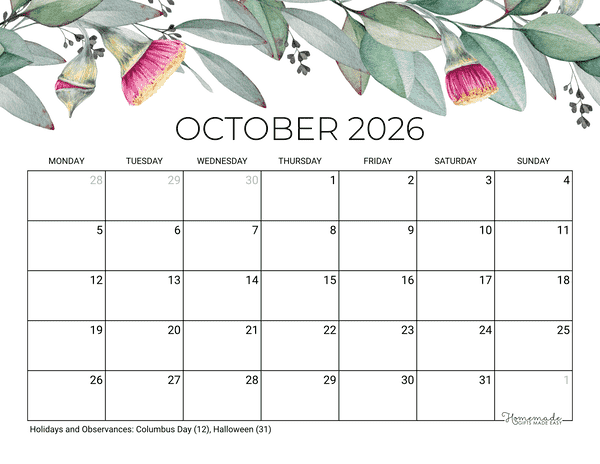 October Calendar 2026 Printable Eucalyptus Monday Start