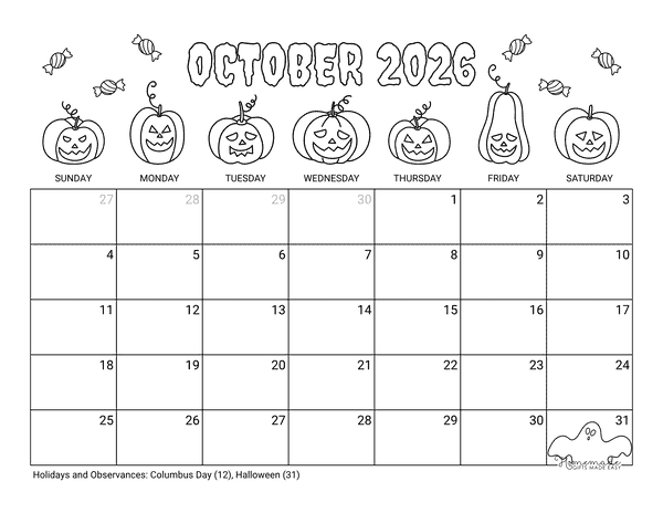 October Calendar 2026 Printable Halloween Coloring Landscape