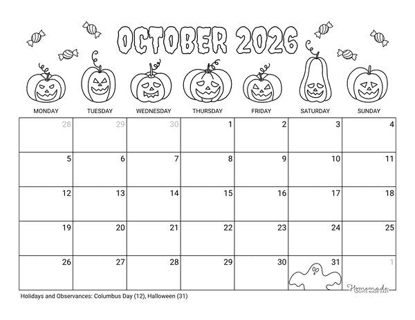 October Calendar 2026 Printable Halloween Coloring Landscape Monday Start