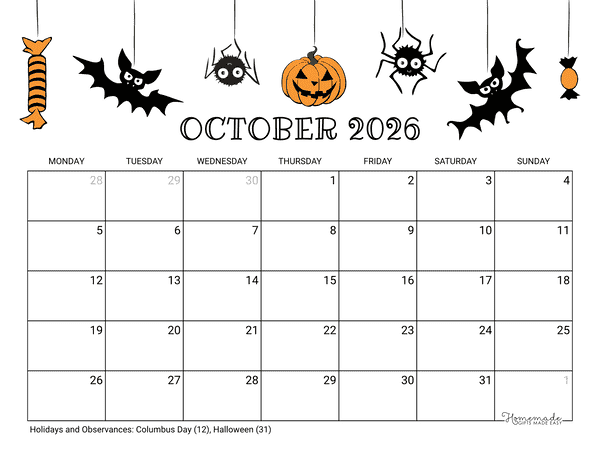 October Calendar 2026 Printable Halloween Landscape Monday Start