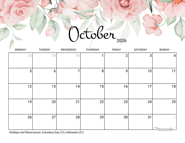 October Calendar 2026 Printable Rose Monday Start