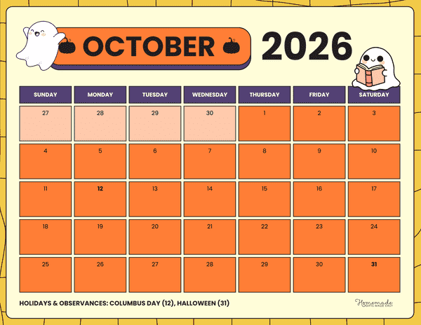 October Calendar 2026 Simple Cute Spooky Orange Halloween