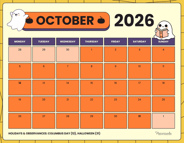 October Calendar 2026 Simple Cute Spooky Orange Halloween Monday Start