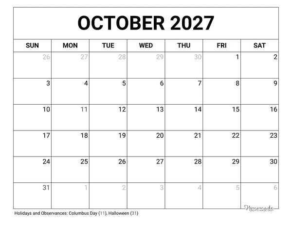 October Calendar 2027 Printable Blank