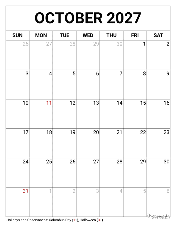 October Calendar 2027 Printable Blank Portrait