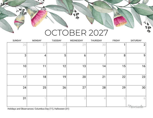October Calendar 2027 Printable Eucalyptus