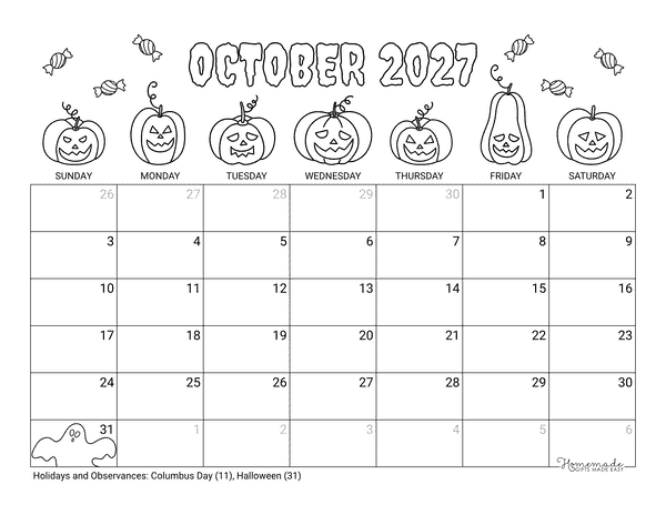 October Calendar 2027 Printable Halloween Coloring Landscape
