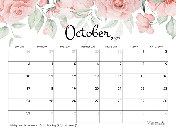 October Calendar 2027 Printable Rose
