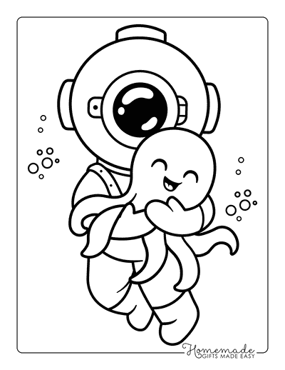 Octopus Coloring Pages Adorable Easy Octopus and Diver Hug