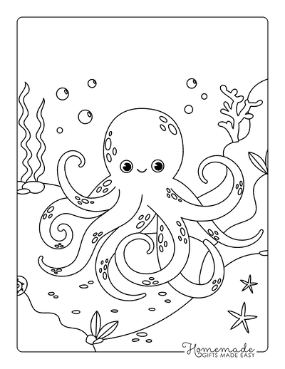Octopus Coloring Pages Cute Happy Octopus on the Ocean Floor