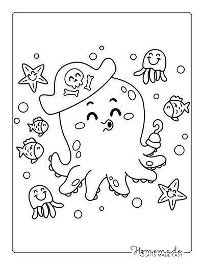 Octopus Coloring Pages Kawaii Octopus Pirate With Ocean Friends
