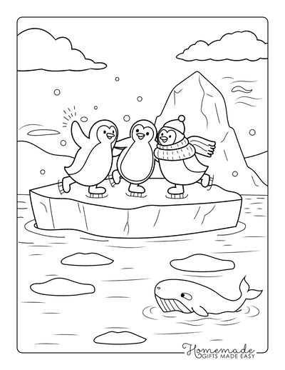 Penguin Coloring Pages Cute Family of Penguins Ice Skating