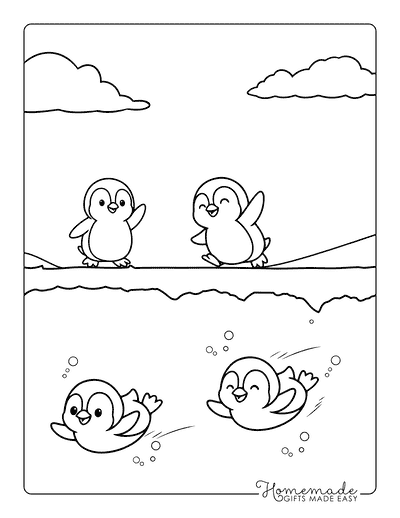 Penguin Coloring Pages Cute Family of Penguins Swimming