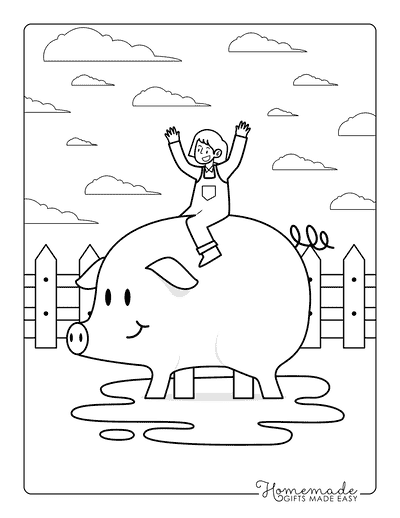 Pig Coloring Pages Easy Cute Farmer Riding Pig