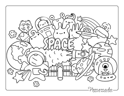 Planet Coloring Page Kawaii Space Doodle