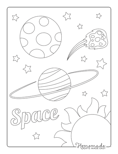 Planet Coloring Pages Planet With Ring Sun Meteor Stars Space