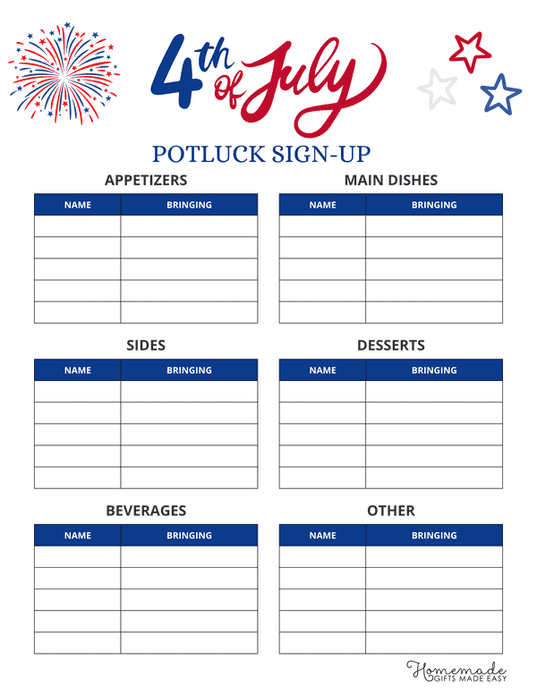 Potluck Signup Sheets 4th of July Potluck Sign up Sheet Simple