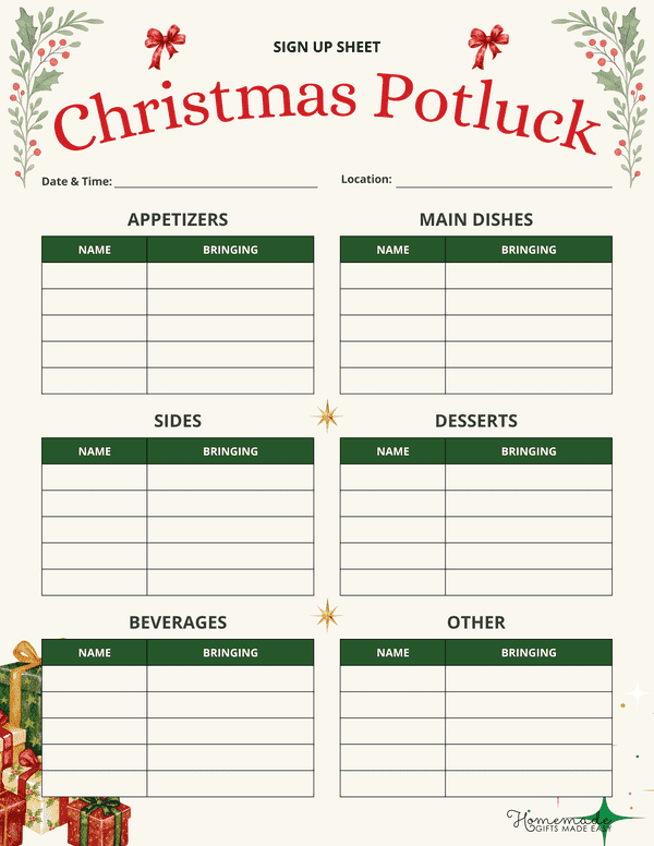 Potluck Signup Sheets Christmas Potluck Sign up Sheet