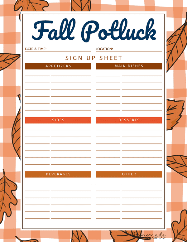 Potluck Signup Sheets Fall Potluck Sign up Sheet