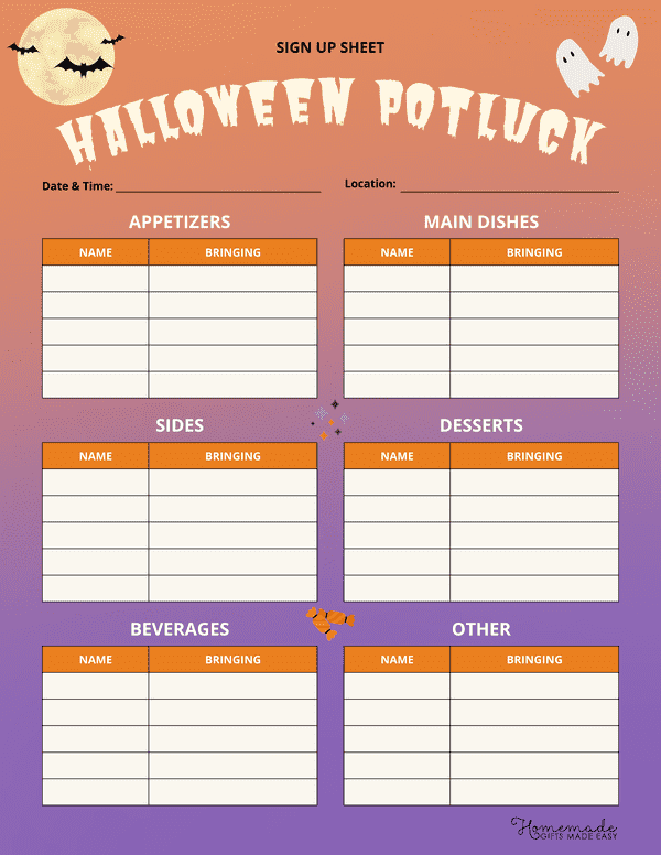 Potluck Signup Sheets Halloween Potluck Sign up Sheet