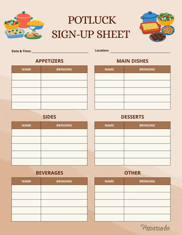 Potluck Signup Sheets Potluck Sign up Sheet Minimalist