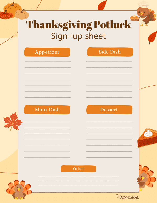Potluck Signup Sheets Thanksgiving Potluck Sign up Sheet