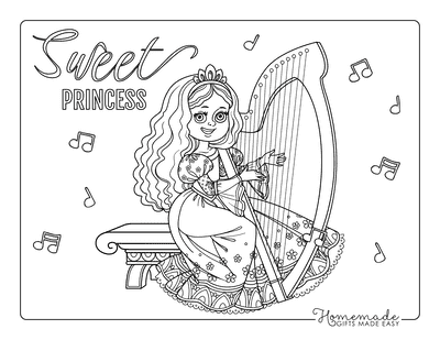 Princess Coloring Pages Playing Harp