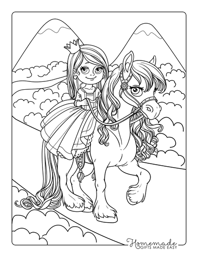 Princess Coloring Pages Princess Riding Horse Flowing Mane