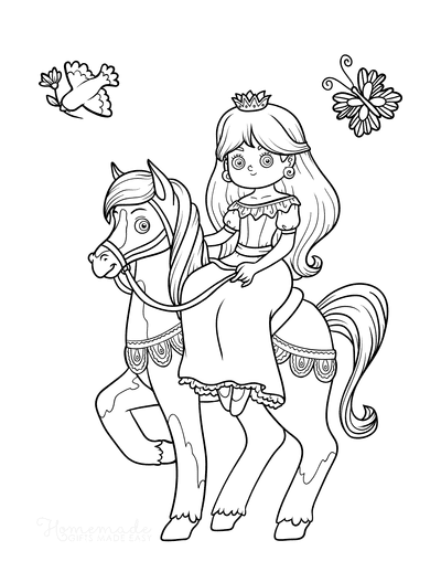 Princess Coloring Pages Riding Horse Bird Butterfly