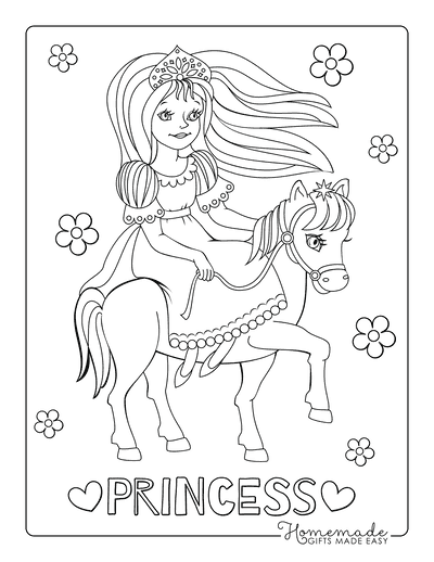 Princess Coloring Pages Riding Horse Flowers