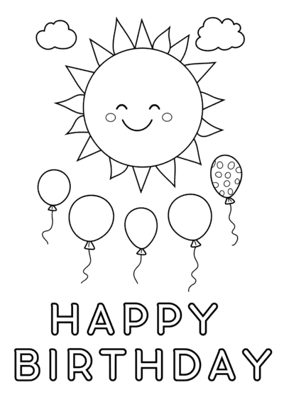 Printable Birthday Cards Coloring Sun and Balloons