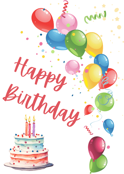 Printable Birthday Cards Cute Watercolor Balloons and Cake