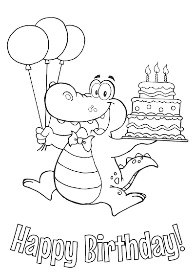 Printable Birthday Cards to Color Cartoon Alligator Holding Cake